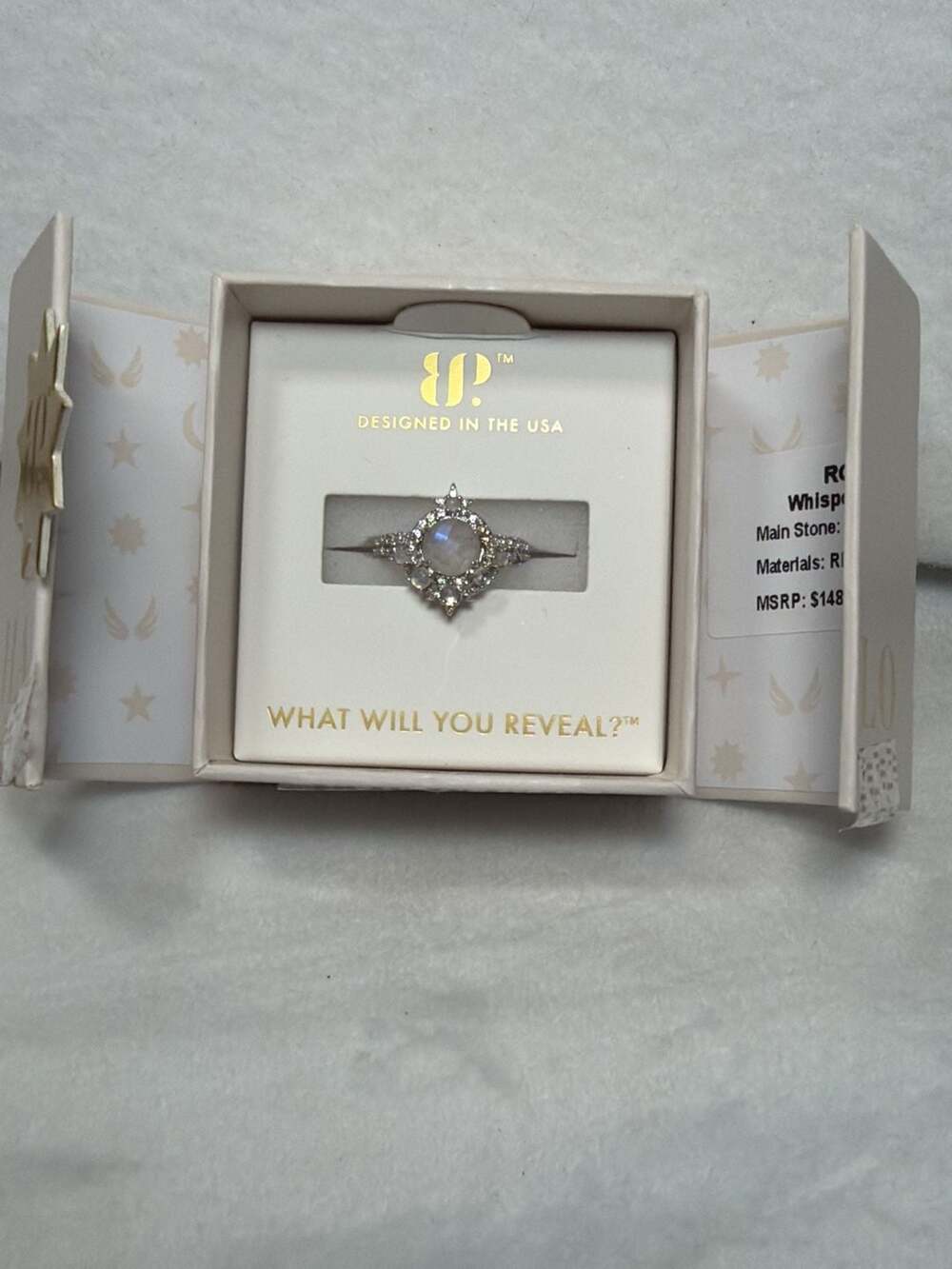 BP Halo Whisper of Forever Ring, Size 6 Genuine Moonstone Rhodium
